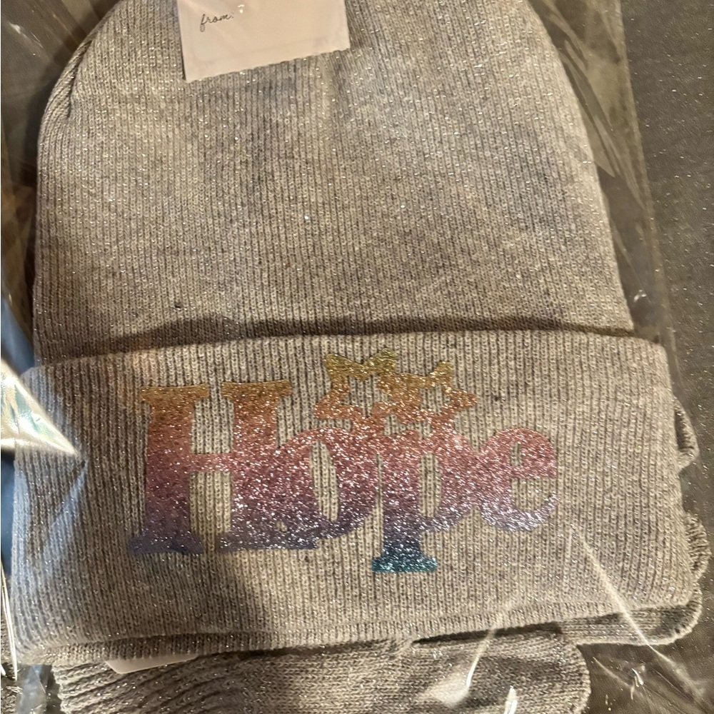 Gray Hope Beanie and glove set with Multicolor Design